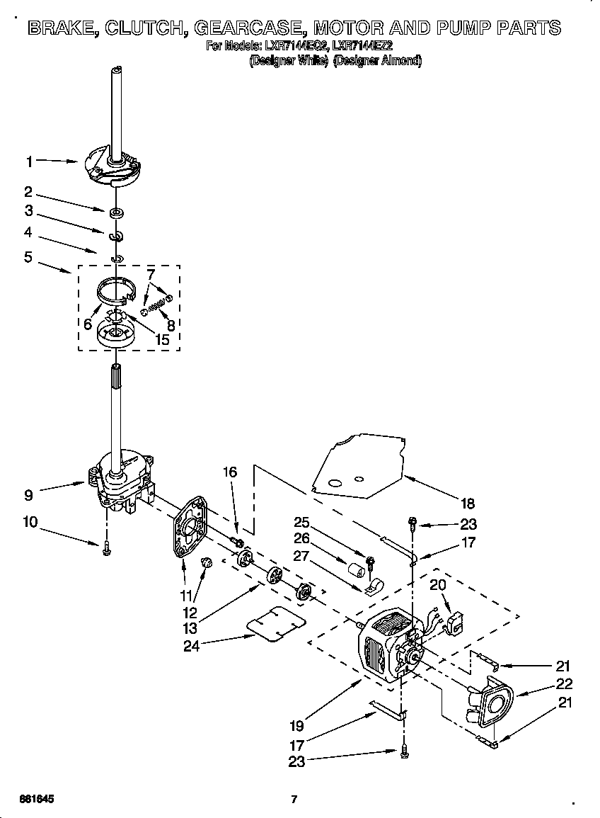 Whirlpool LXR7144EQ2 brake, clutch, gearcase, motor and pump diagram