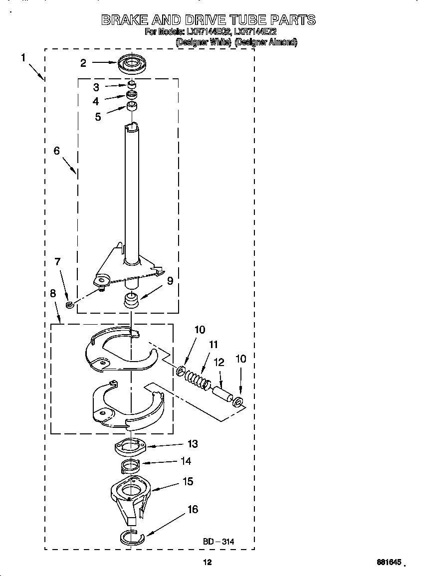 Whirlpool LXR7144EQ2 brake and drive tube diagram