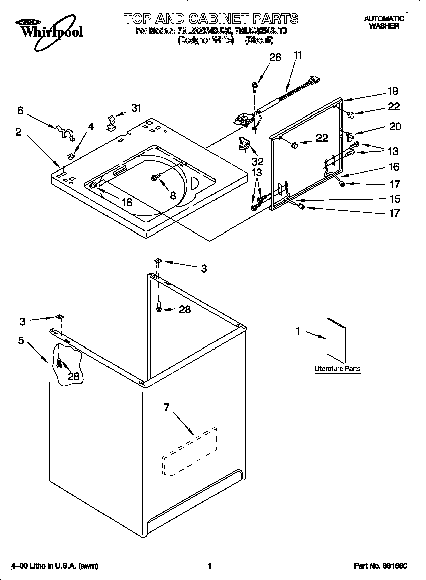 Whirlpool 7MLSQ8543JQ0 top and cabinet diagram