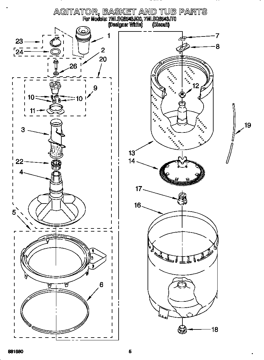 Whirlpool 7MLSQ8543JQ0 agitator, basket and tub diagram