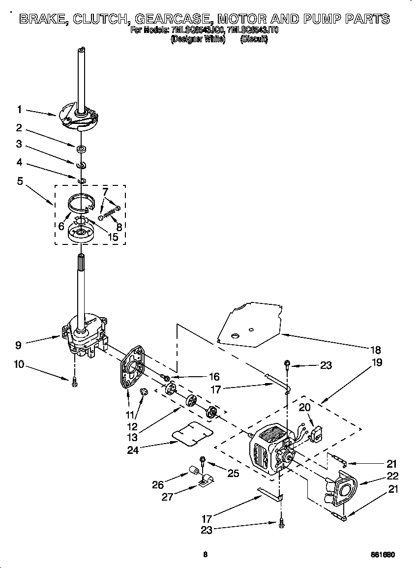 Whirlpool 7MLSQ8543JQ0 brake, clutch, gearcase, motor and pump diagram