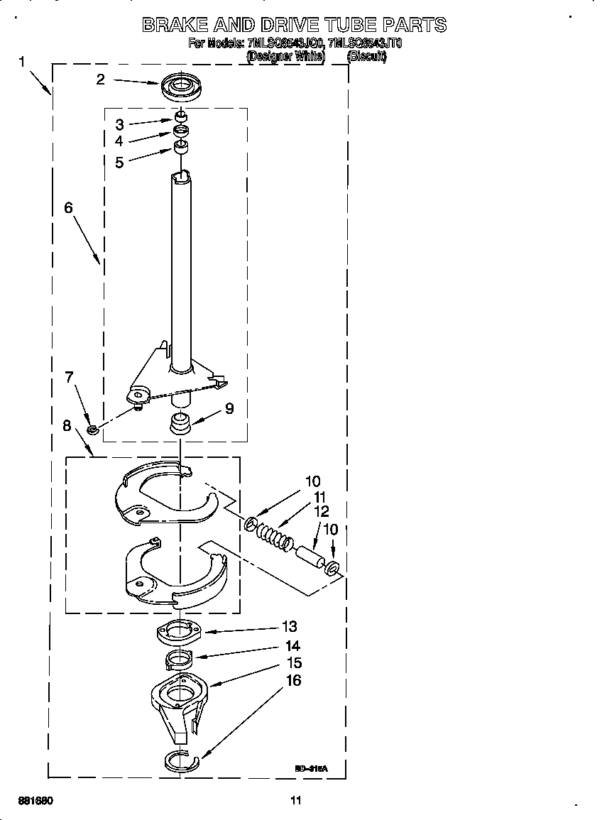 Whirlpool 7MLSQ8543JQ0 brake and drive tube diagram