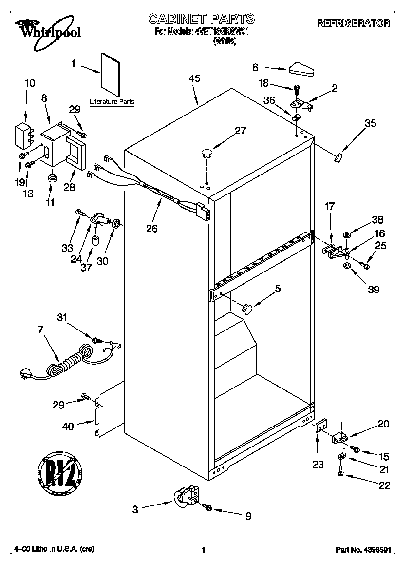 Whirlpool 4VET18GKGW01 cabinet diagram