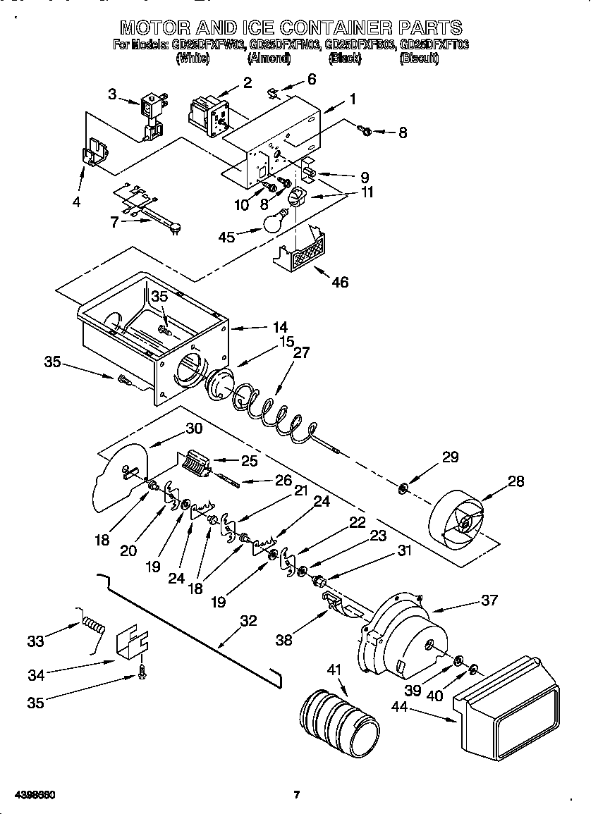 Whirlpool GD25DFXFW03 motor and ice container diagram