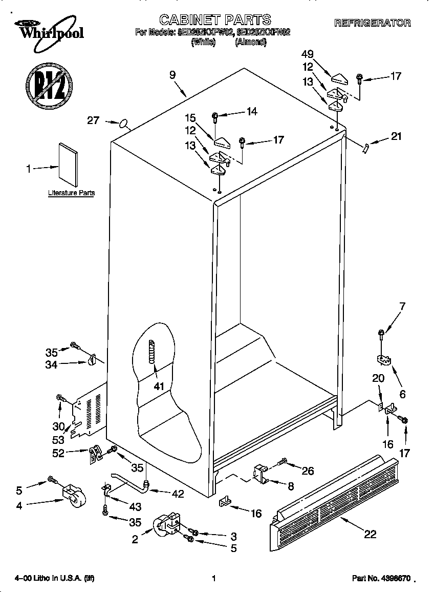 Whirlpool 8ED20ZKXFW02 cabinet diagram