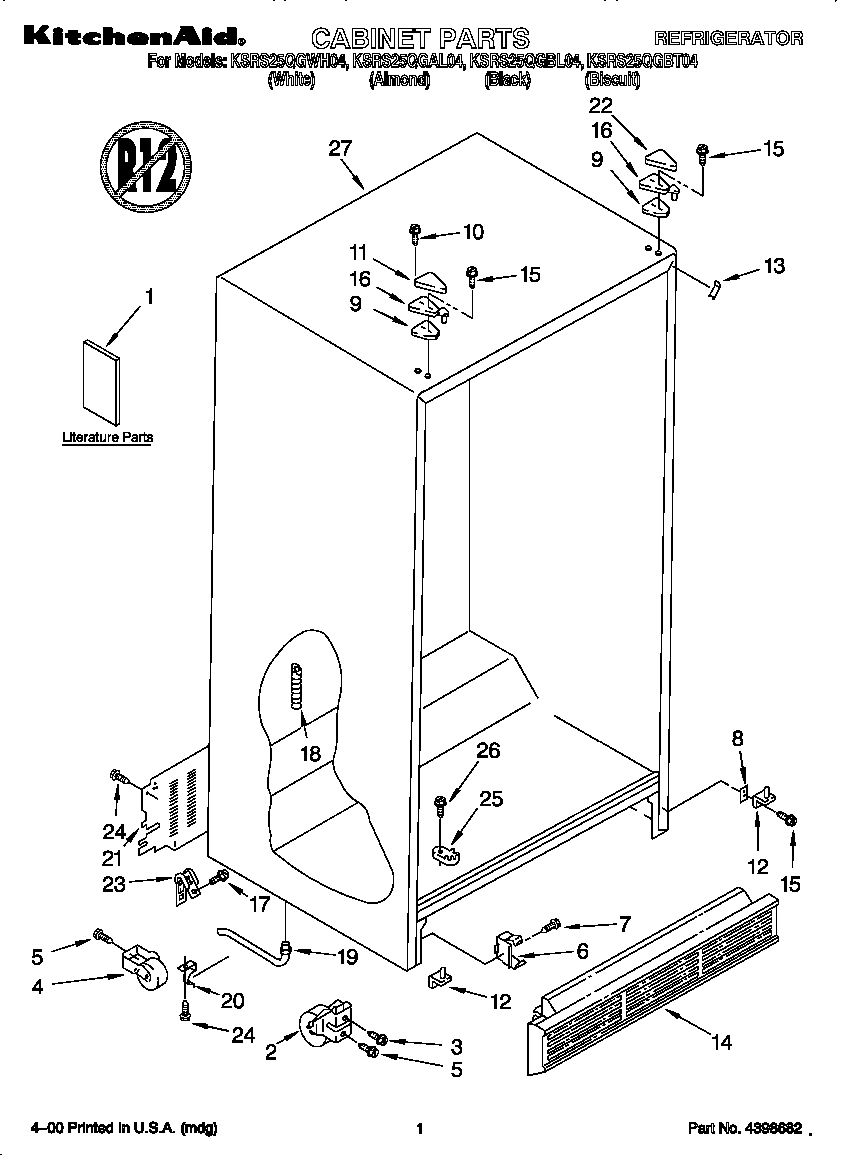 KitchenAid KSRS25QGWH04 cabinet diagram