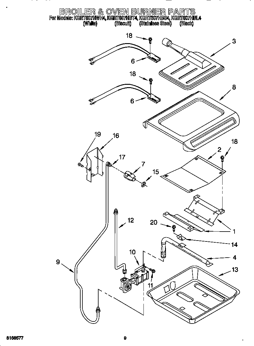 KitchenAid KGRT607HBL4 broiler and oven burner diagram