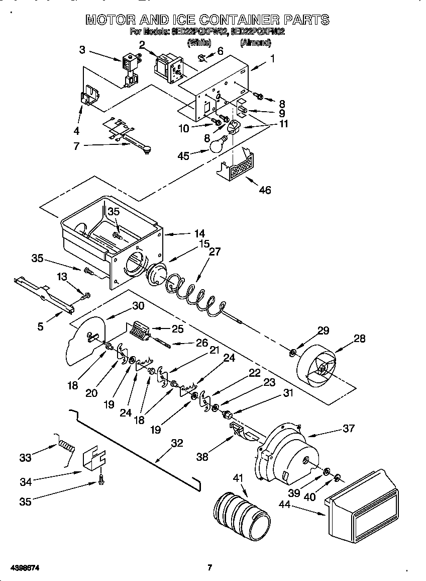 Whirlpool 8ED22PQXFN02 motor and ice container diagram