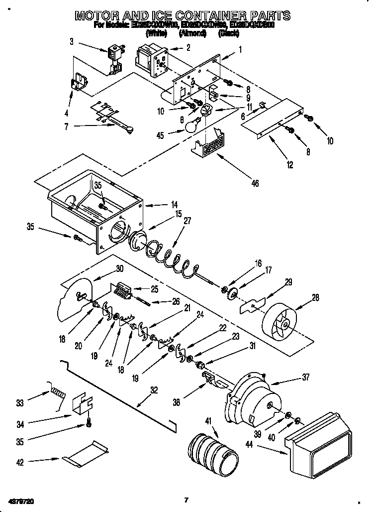 Whirlpool ED25DQXDW00 motor and ice container diagram