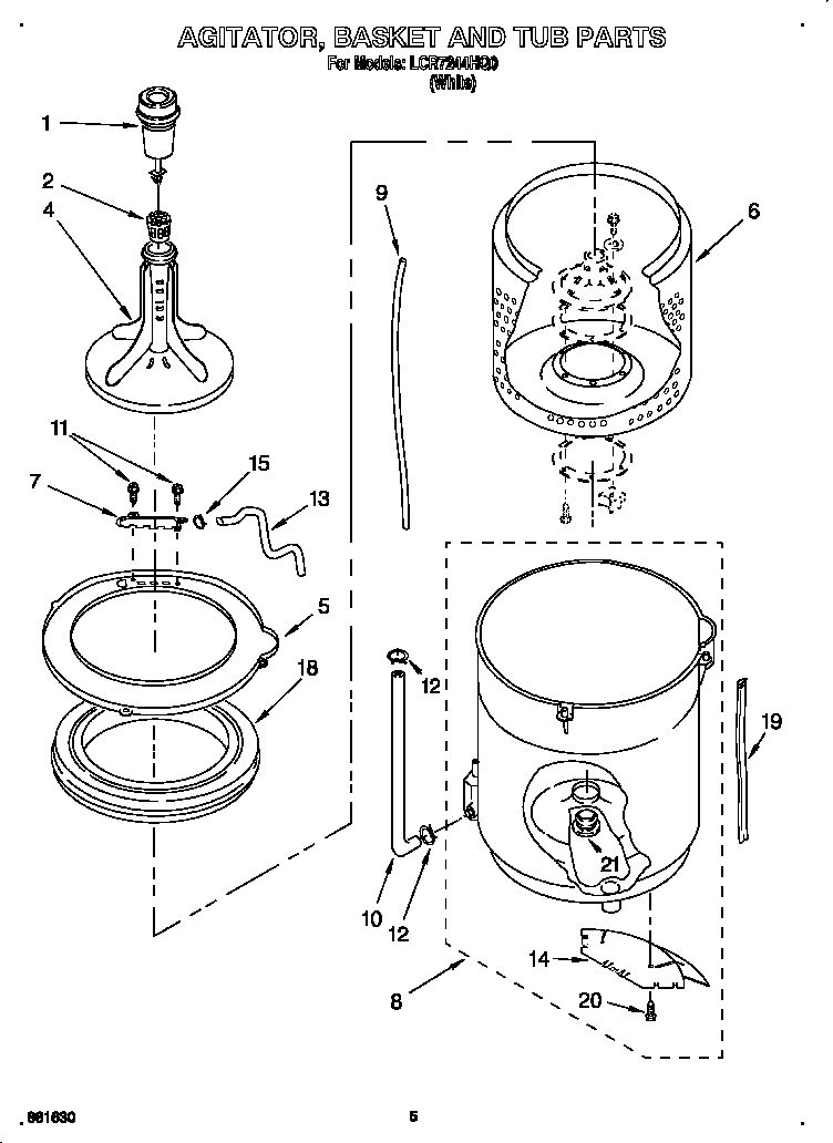 Whirlpool LCR7244HQ0 agitator, basket and tub diagram