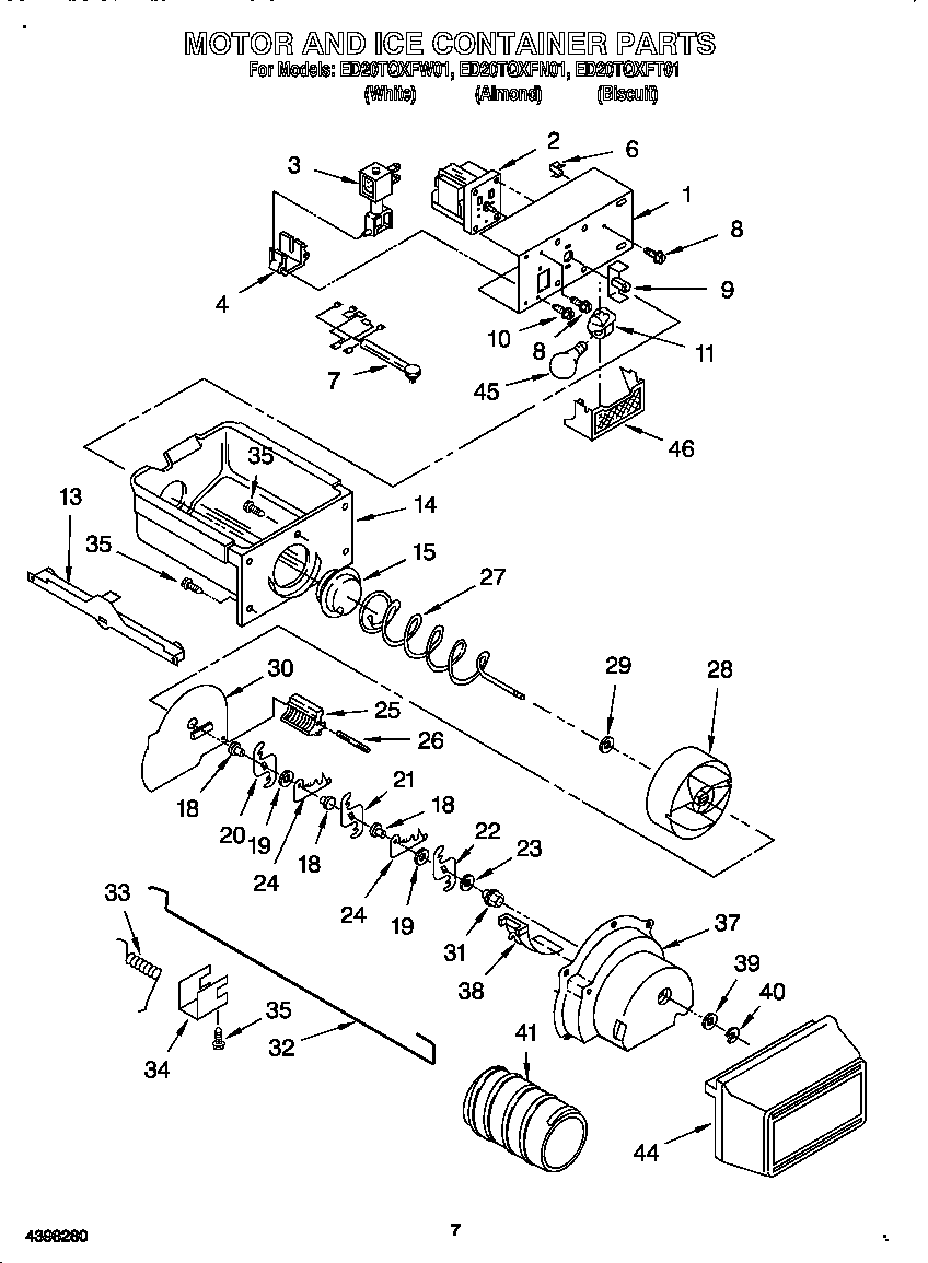 Whirlpool ED20TQXFT01 motor and ice container diagram