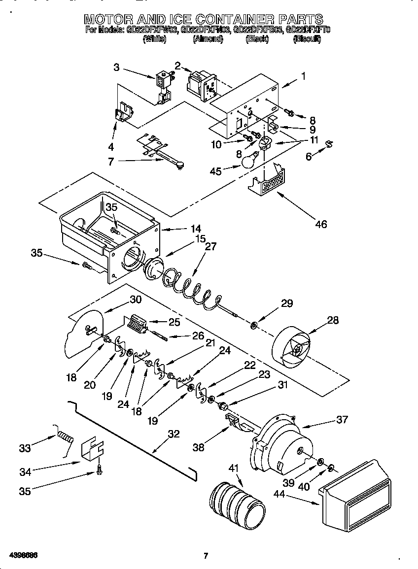 Whirlpool GD22DFXFN03 motor and ice container diagram