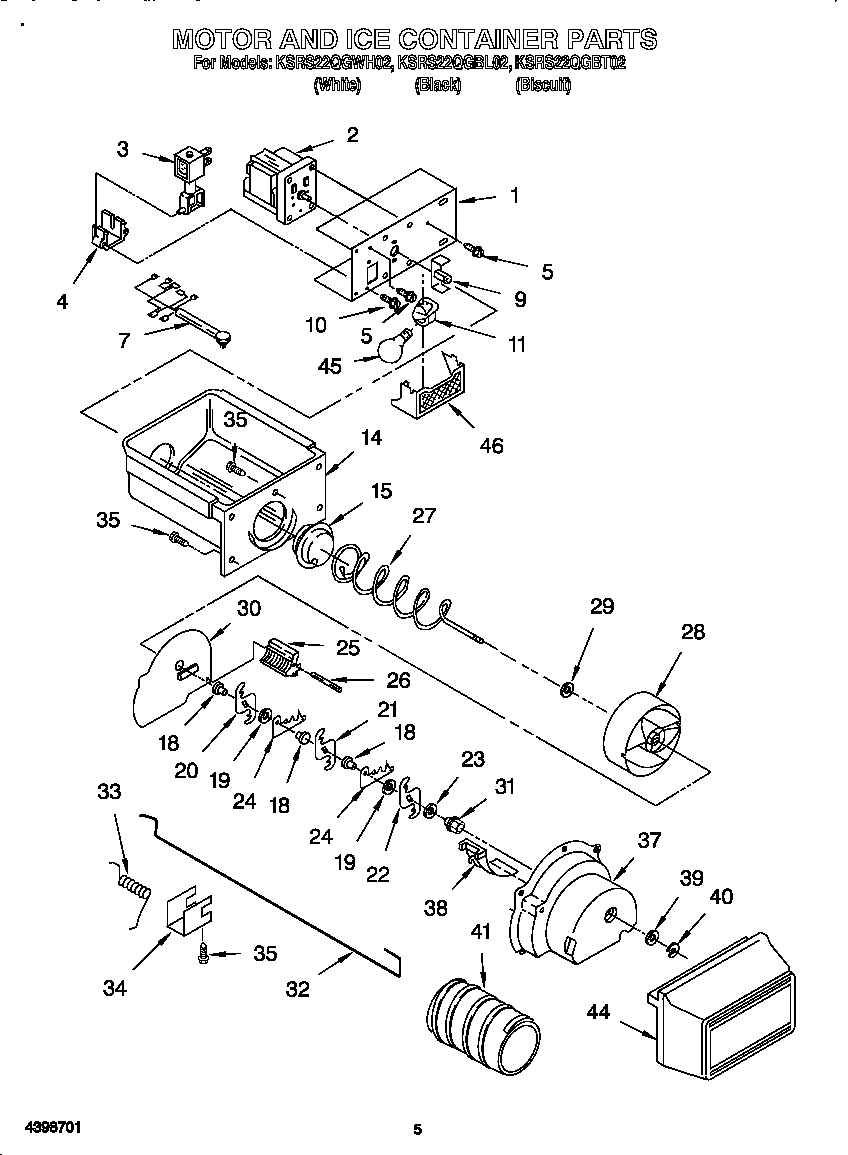KitchenAid KSRS22QGBT02 motor and ice container diagram
