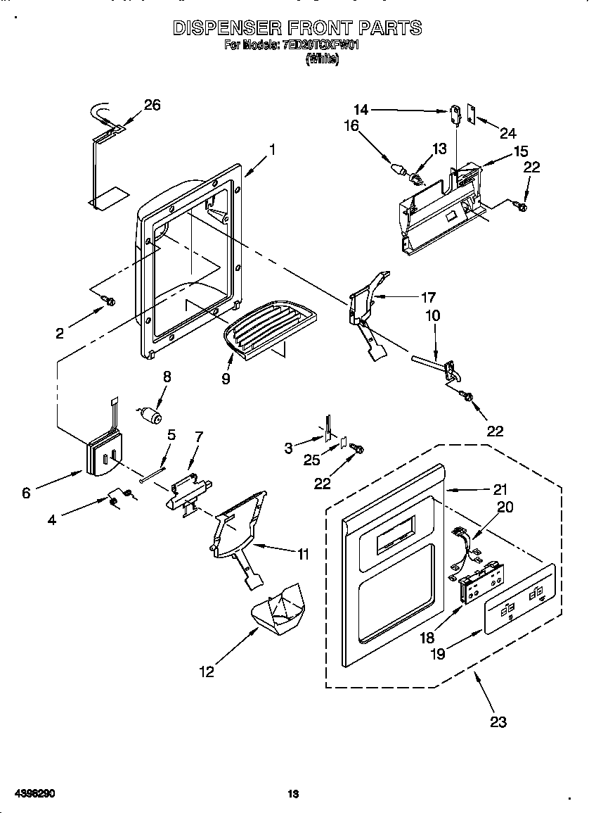 Whirlpool 7ED20TQXFW01 dispenser front diagram