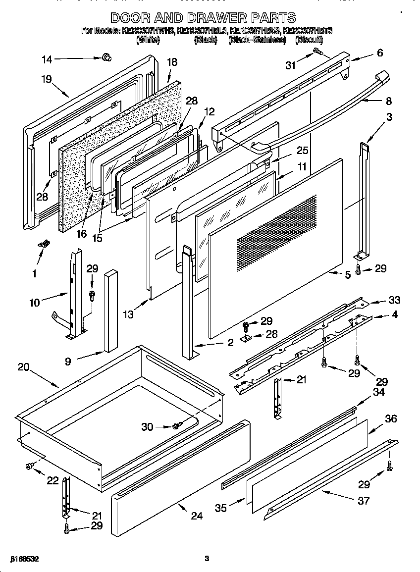 KitchenAid KERC607HWH3 door and drawer diagram