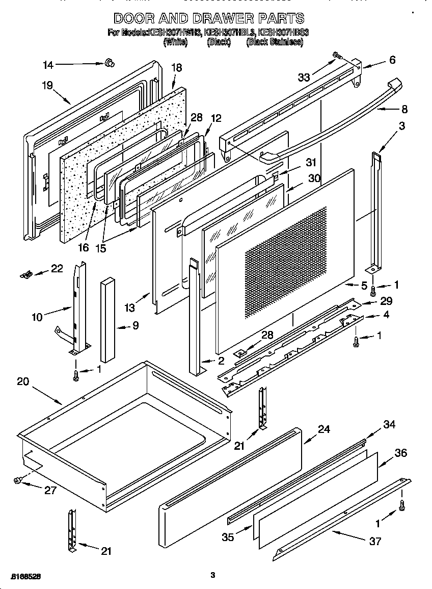 KitchenAid KESH307HWH3 door and drawer diagram