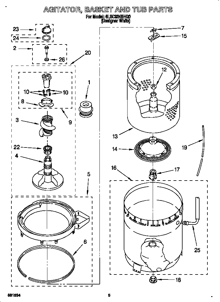 Whirlpool 6LSC9245HQ0 agitator, basket and tub diagram