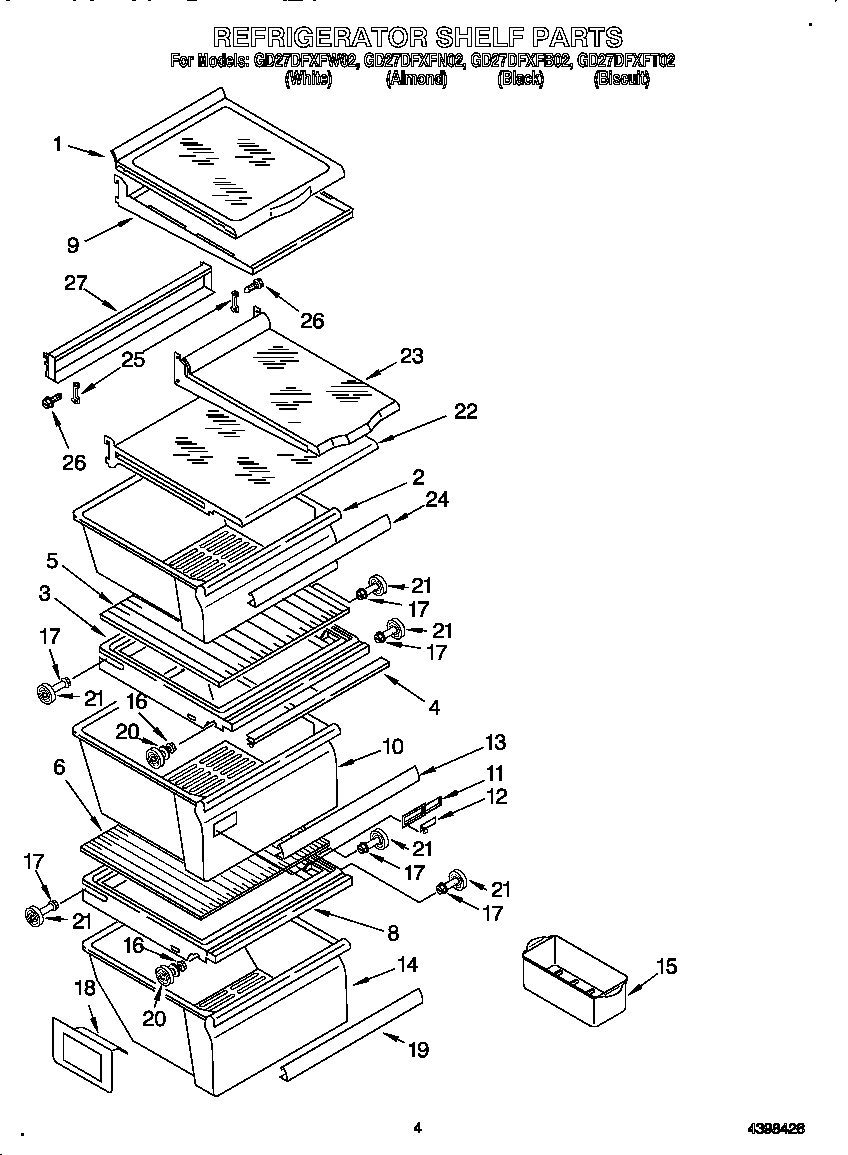 Whirlpool GD27DFXFN02 refrigerator shelves diagram