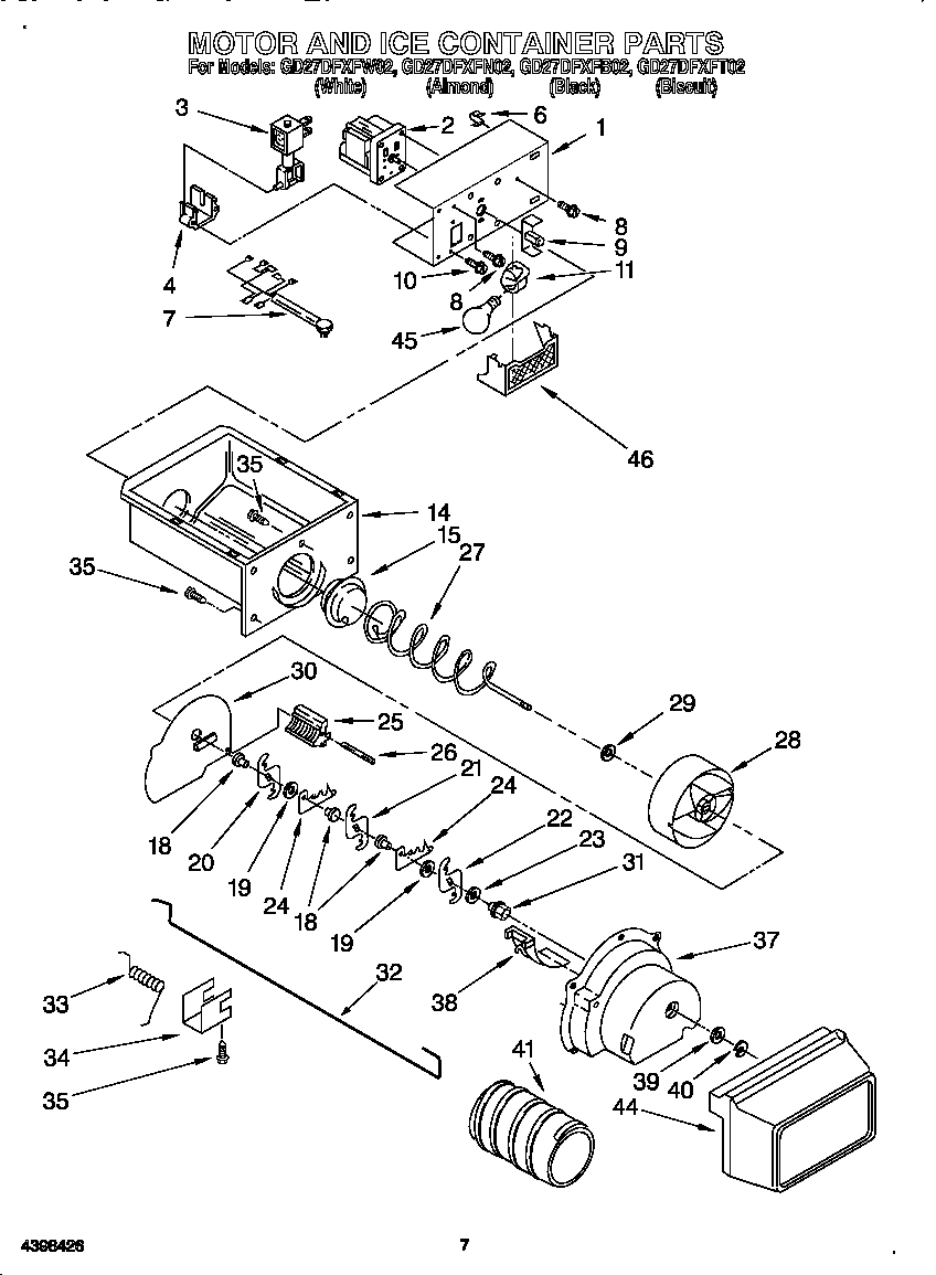 Whirlpool GD27DFXFN02 motor and ice container diagram