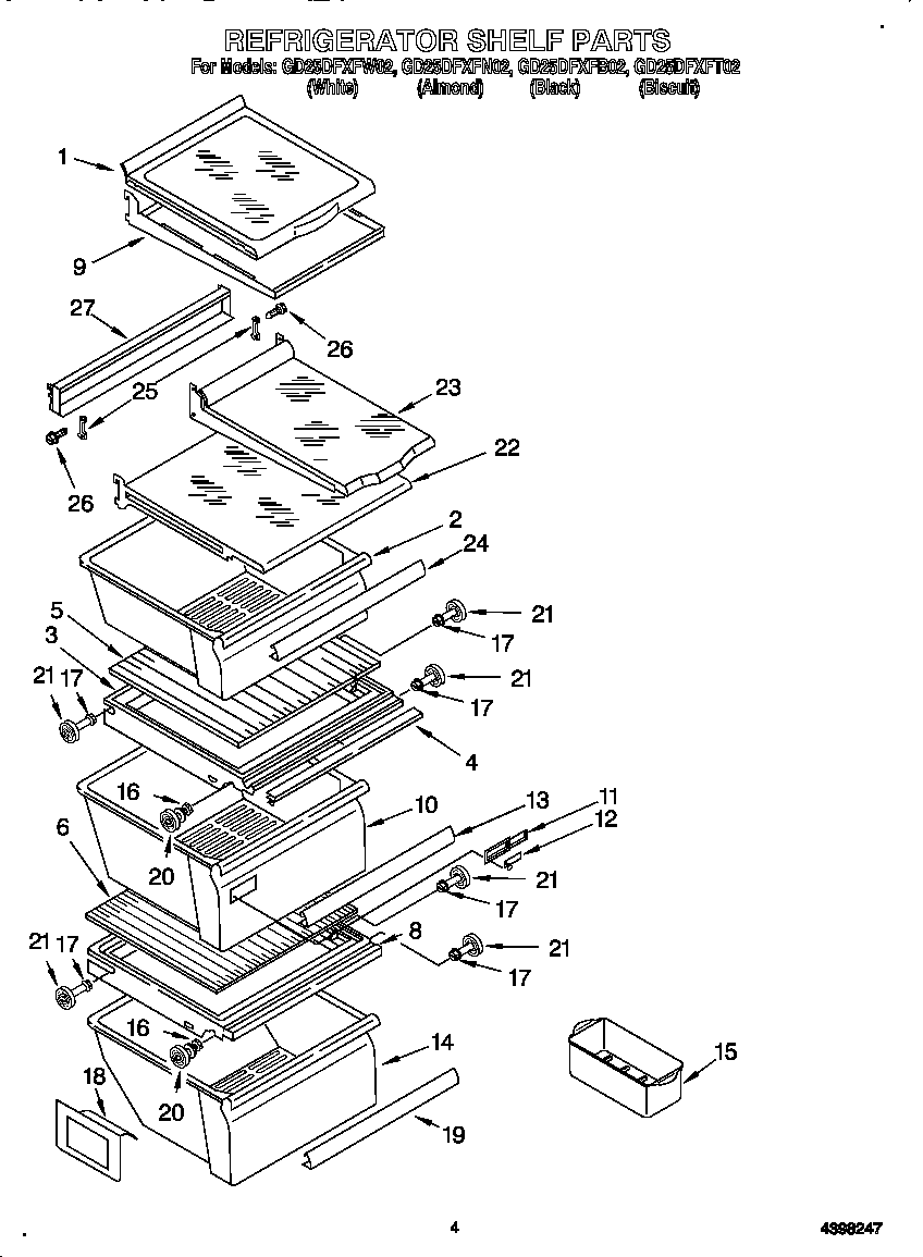 Whirlpool GD25DFXFW02 refrigerator shelves diagram