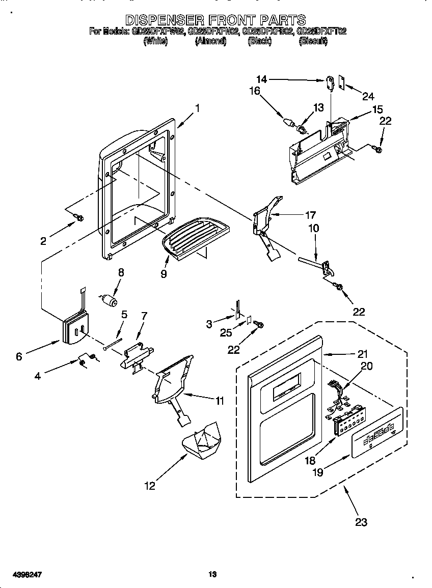 Whirlpool GD25DFXFW02 dispenser front diagram
