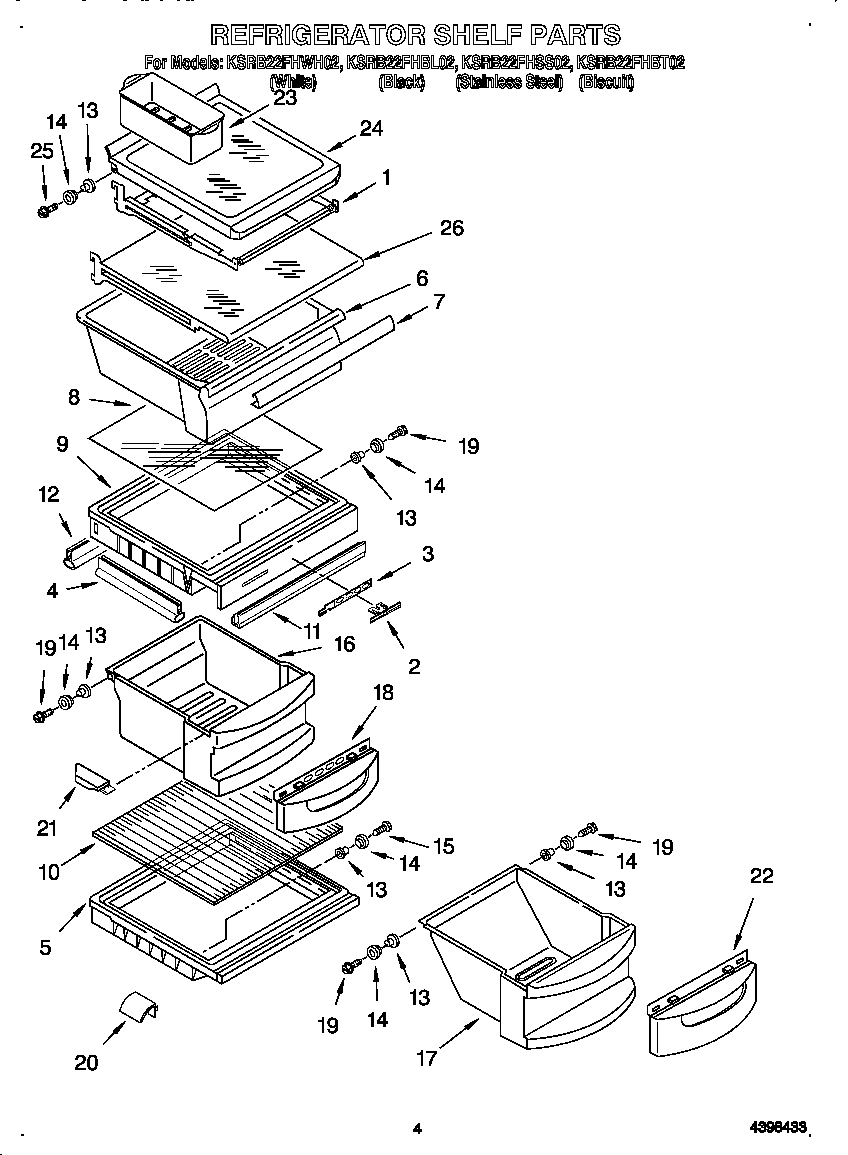 KitchenAid KSRB22FHBL02 refrigerator shelves diagram