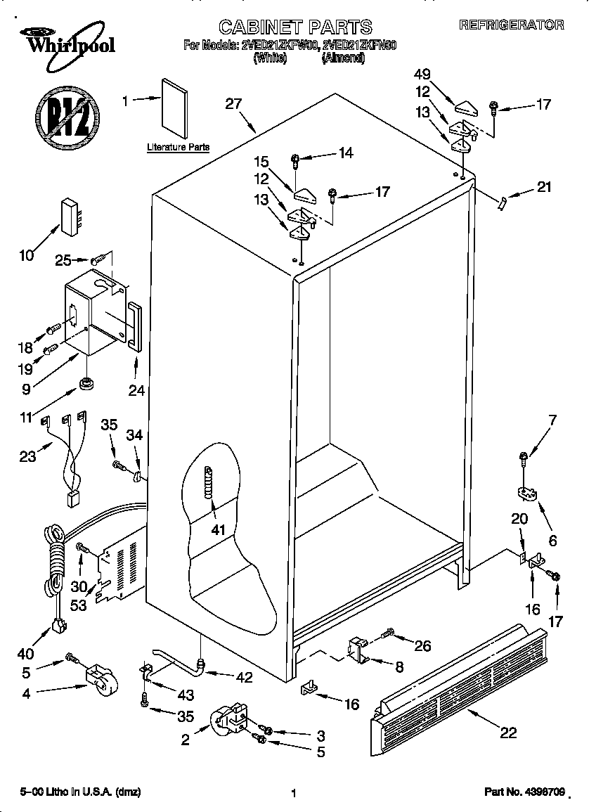 Whirlpool 2VED21ZKFW00 cabinet diagram