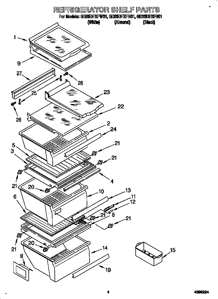 Whirlpool GD25DFXFW01 refrigerator shelves diagram