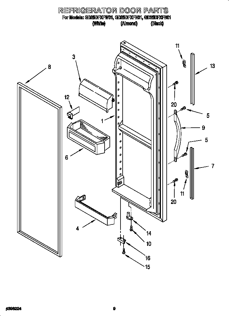 Whirlpool GD25DFXFW01 refrigerator door diagram