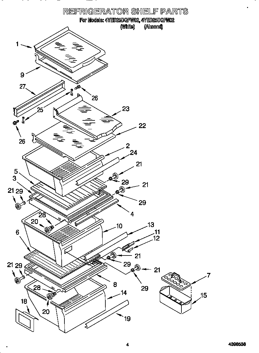 Whirlpool 4YED25DQFN02 refrigerator shelves diagram