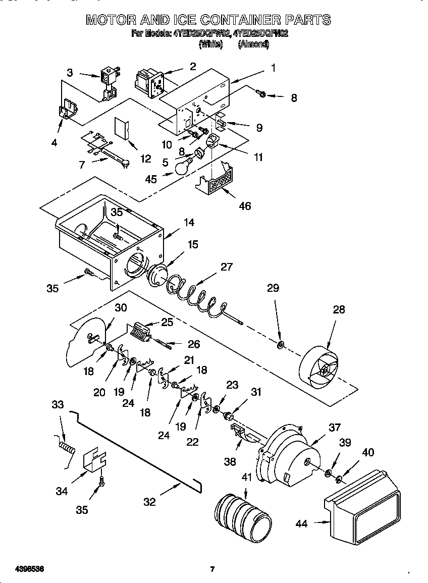 Whirlpool 4YED25DQFN02 motor and ice container diagram