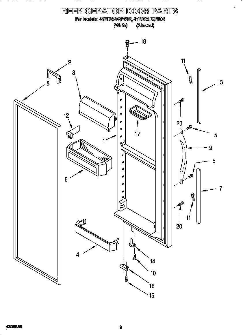 Whirlpool 4YED25DQFN02 refrigerator door diagram