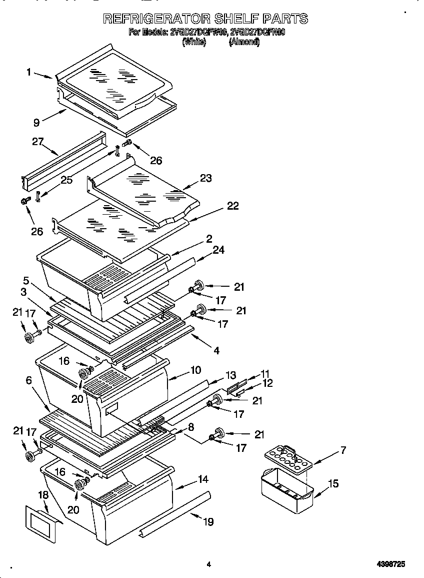 Whirlpool 2VGD27DQFN00 refrigerator shelves diagram
