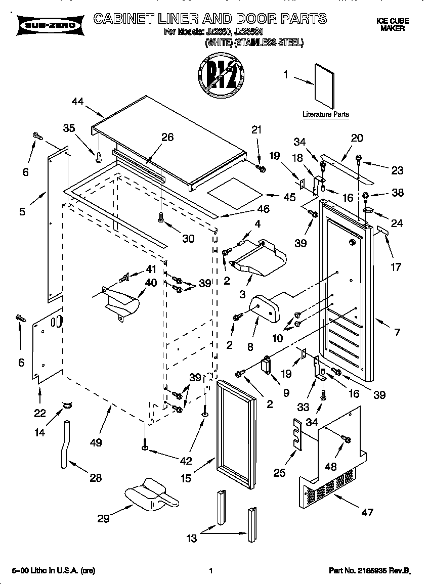 Whirlpool JZ235S0 cabinet liner, door diagram