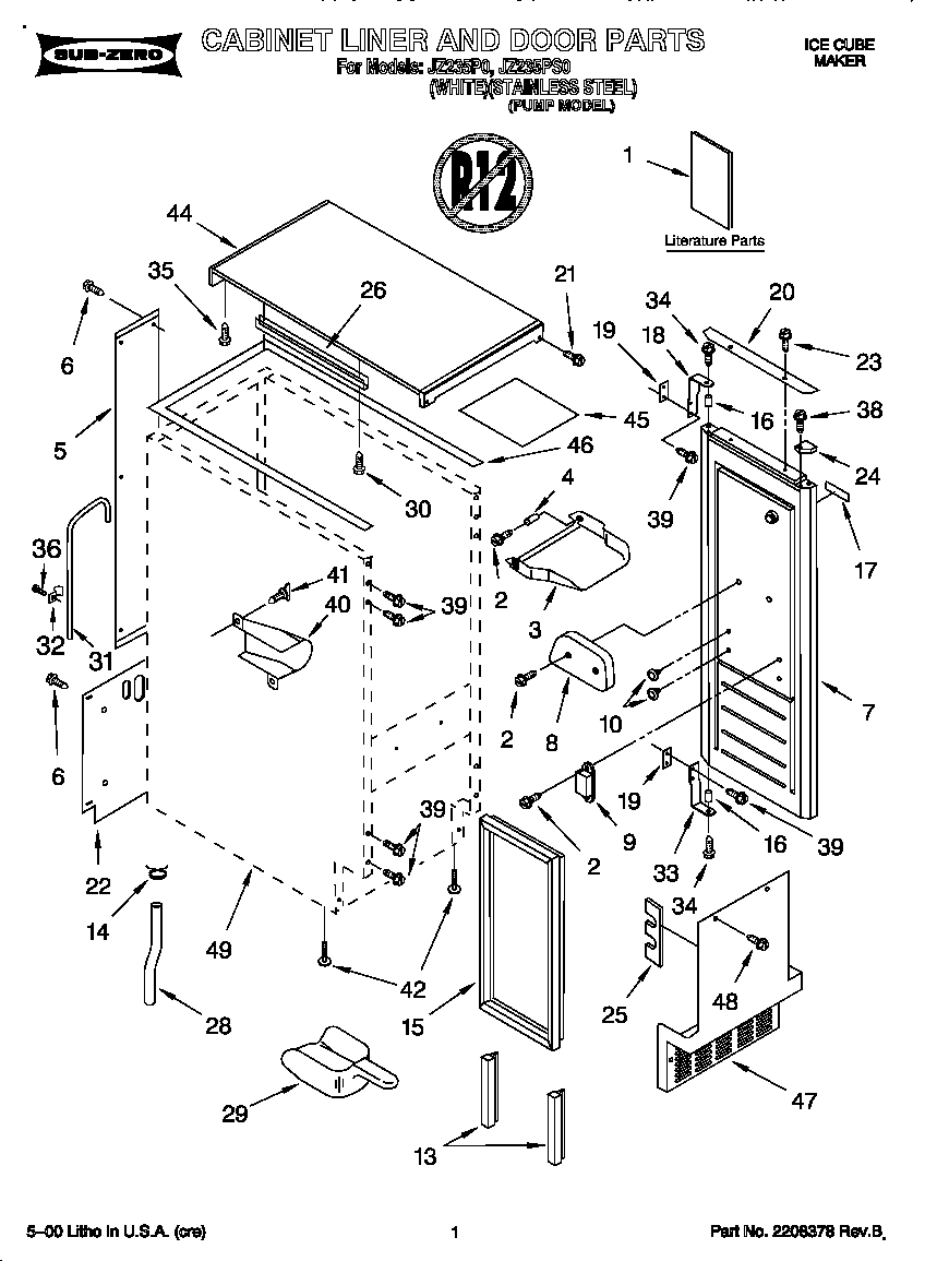 Whirlpool JZ235P0 cabinet liner, door diagram