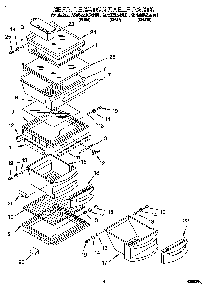 KitchenAid KSRS22QGWH01 refrigerator shelves diagram