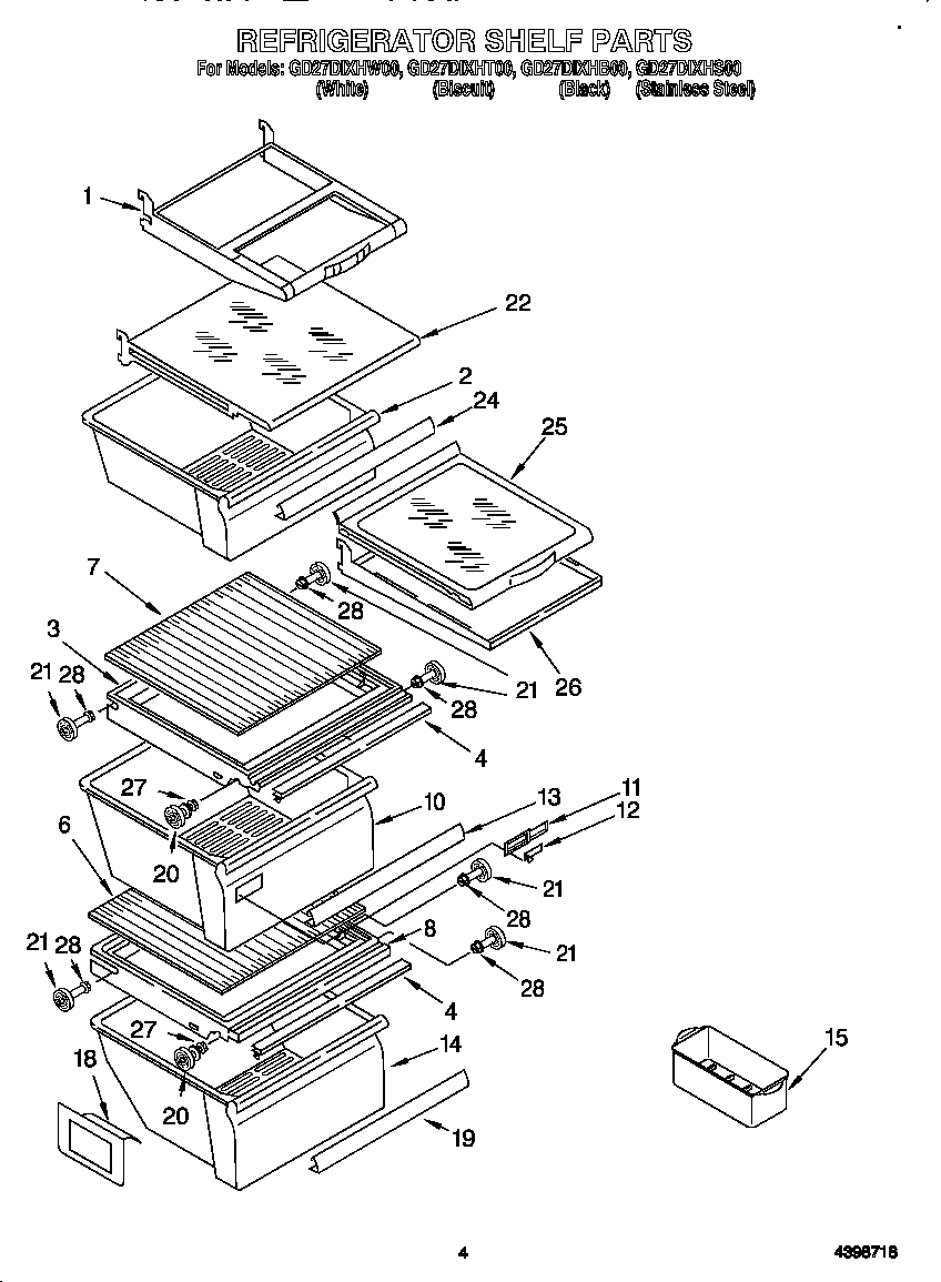 Whirlpool GD27DIXHW00 refrigerator shelves diagram