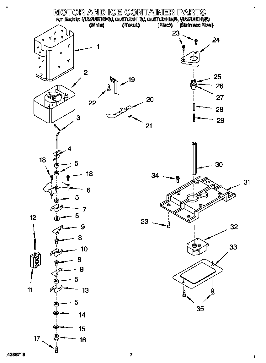 Whirlpool GD27DIXHW00 motor and ice container diagram