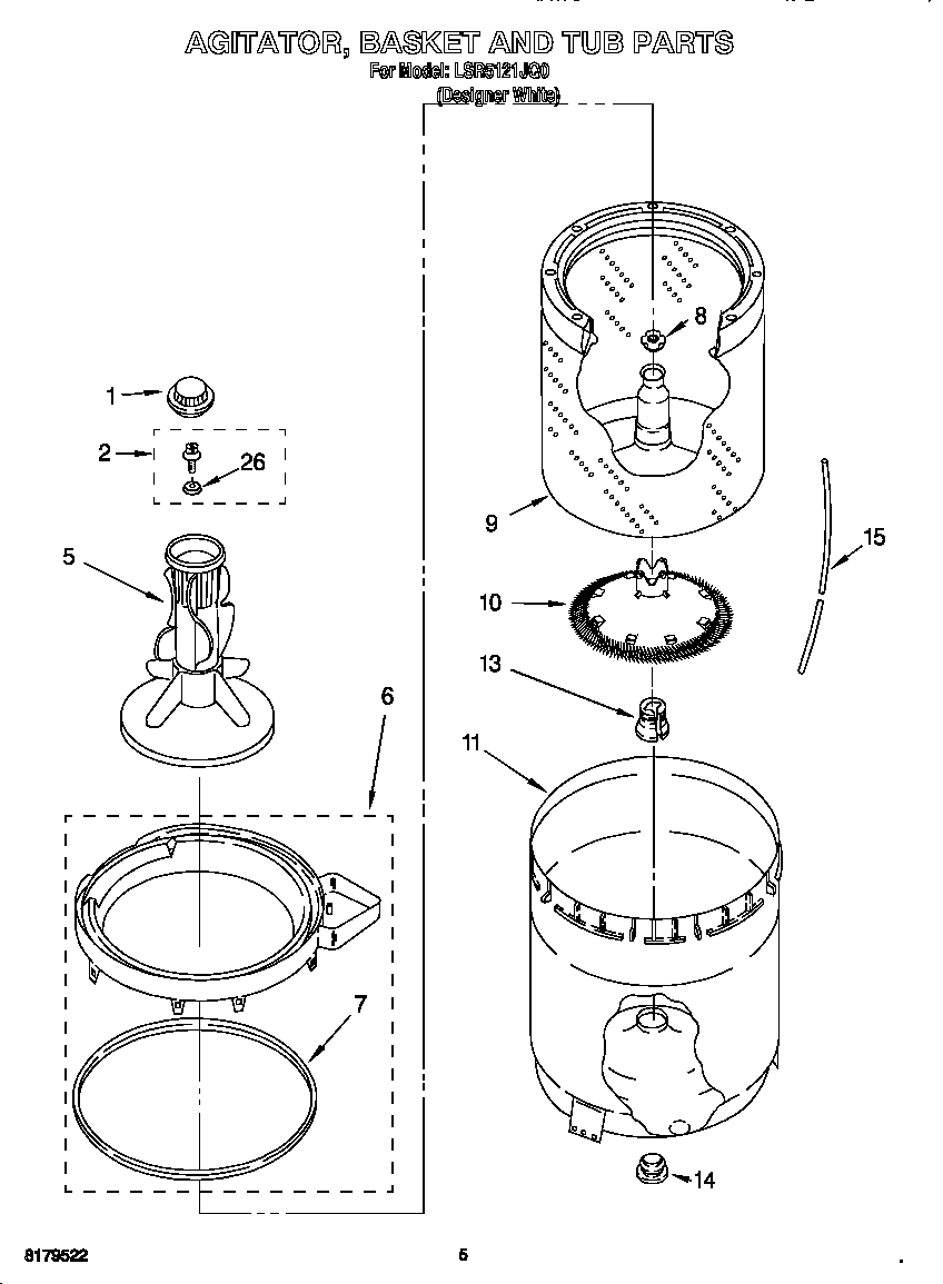 Whirlpool LSR5121JQ0 agitator, basket and tub diagram