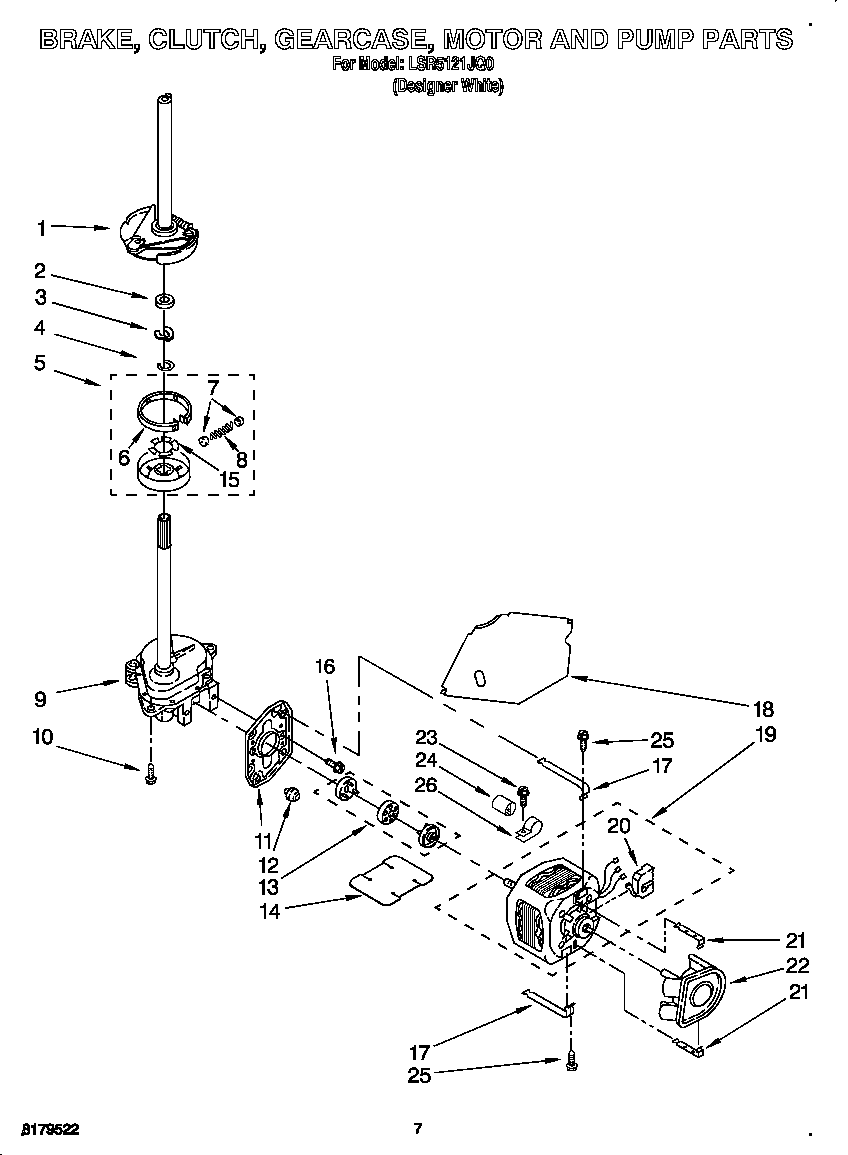 Whirlpool LSR5121JQ0 brake, clutch, gearcase, motor and pump diagram