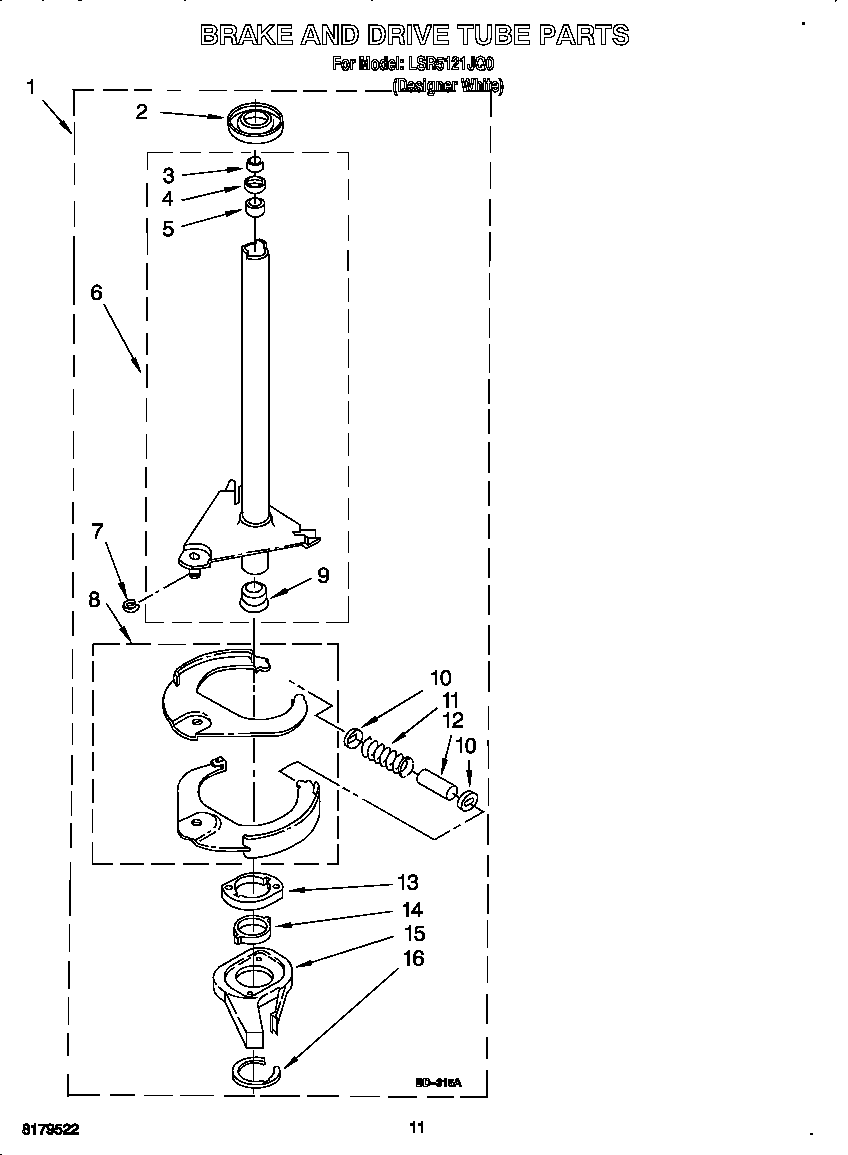 Whirlpool LSR5121JQ0 brake and drive tube diagram