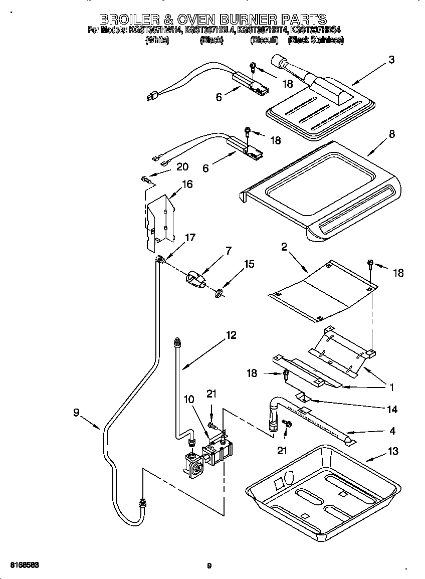 KitchenAid KGST307HWH4 broiler and oven burner diagram