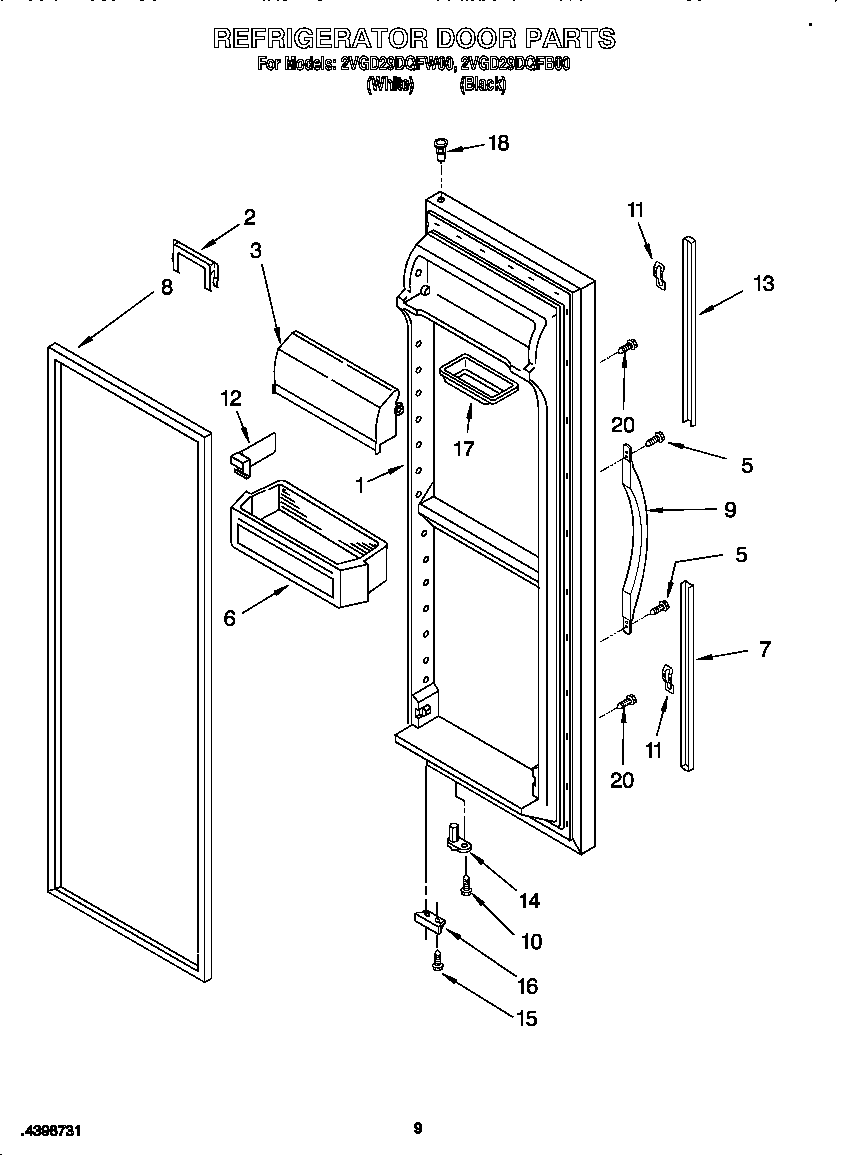 Whirlpool 2VGD29DQFW00 refrigerator door diagram