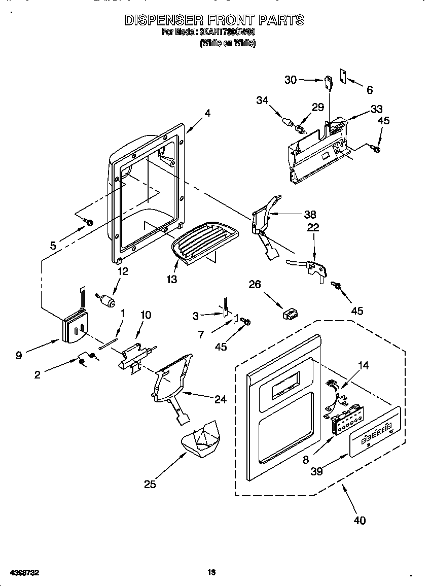 Whirlpool 3KART730GW00 dispenser front diagram