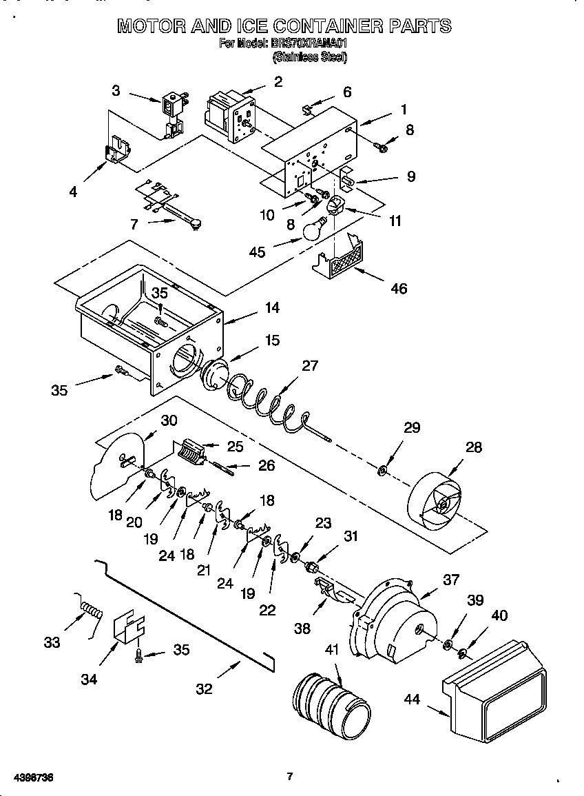 Whirlpool BRS70XRANA01 motor and ice container diagram