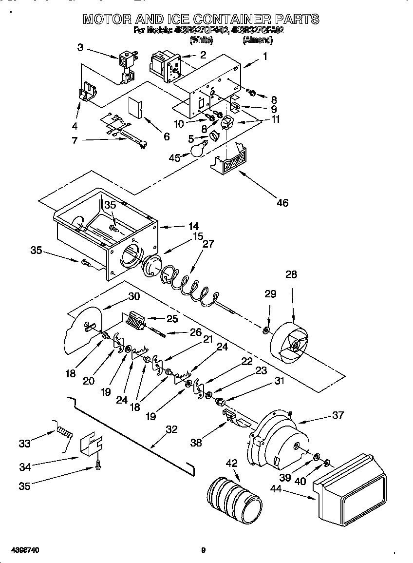 KitchenAid 4KSRS27QFW02 motor and ice container diagram