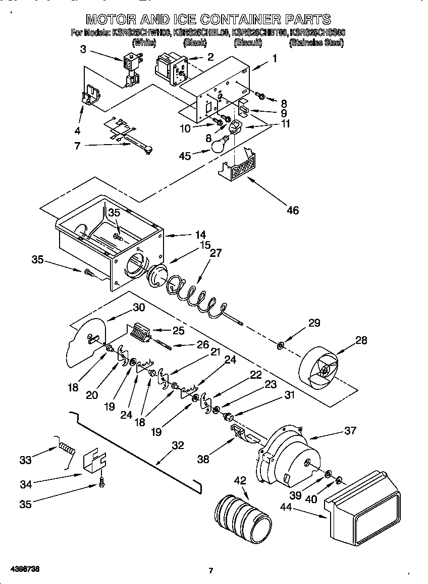 KitchenAid KSRS25CHWH00 motor and ice container diagram