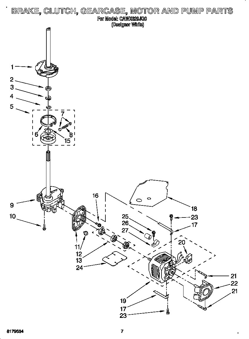 Crosley CAWX629JQ0 brake, clutch, gearcase, motor and pump diagram