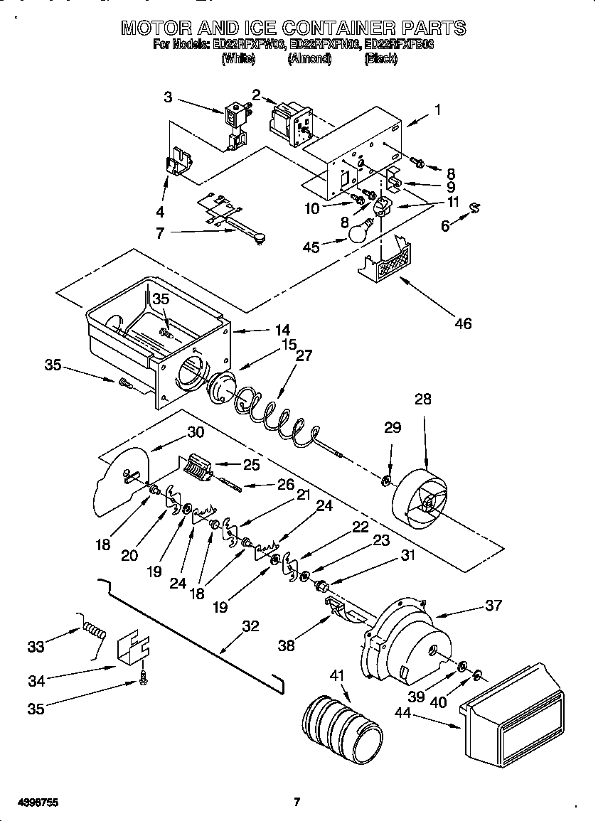 Whirlpool ED22RFXFB03 motor and ice container diagram