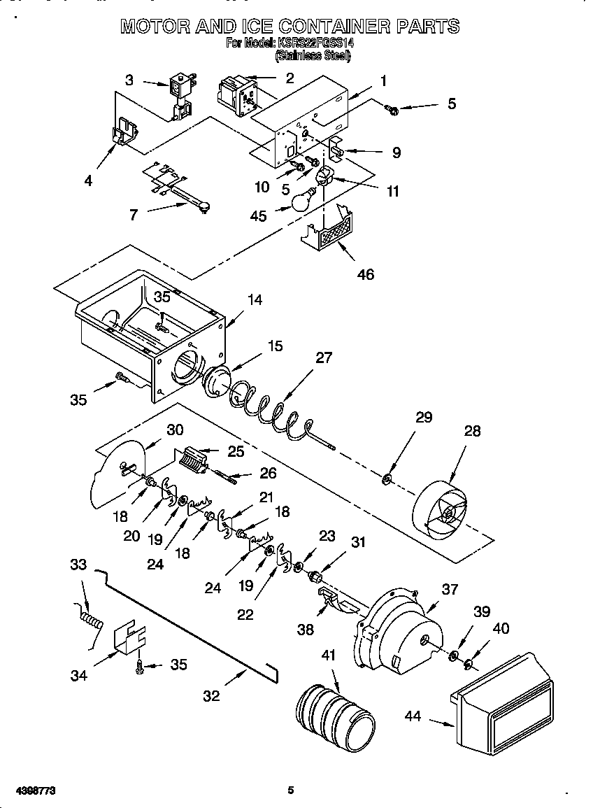 KitchenAid KSRS22FGSS14 motor and ice container diagram